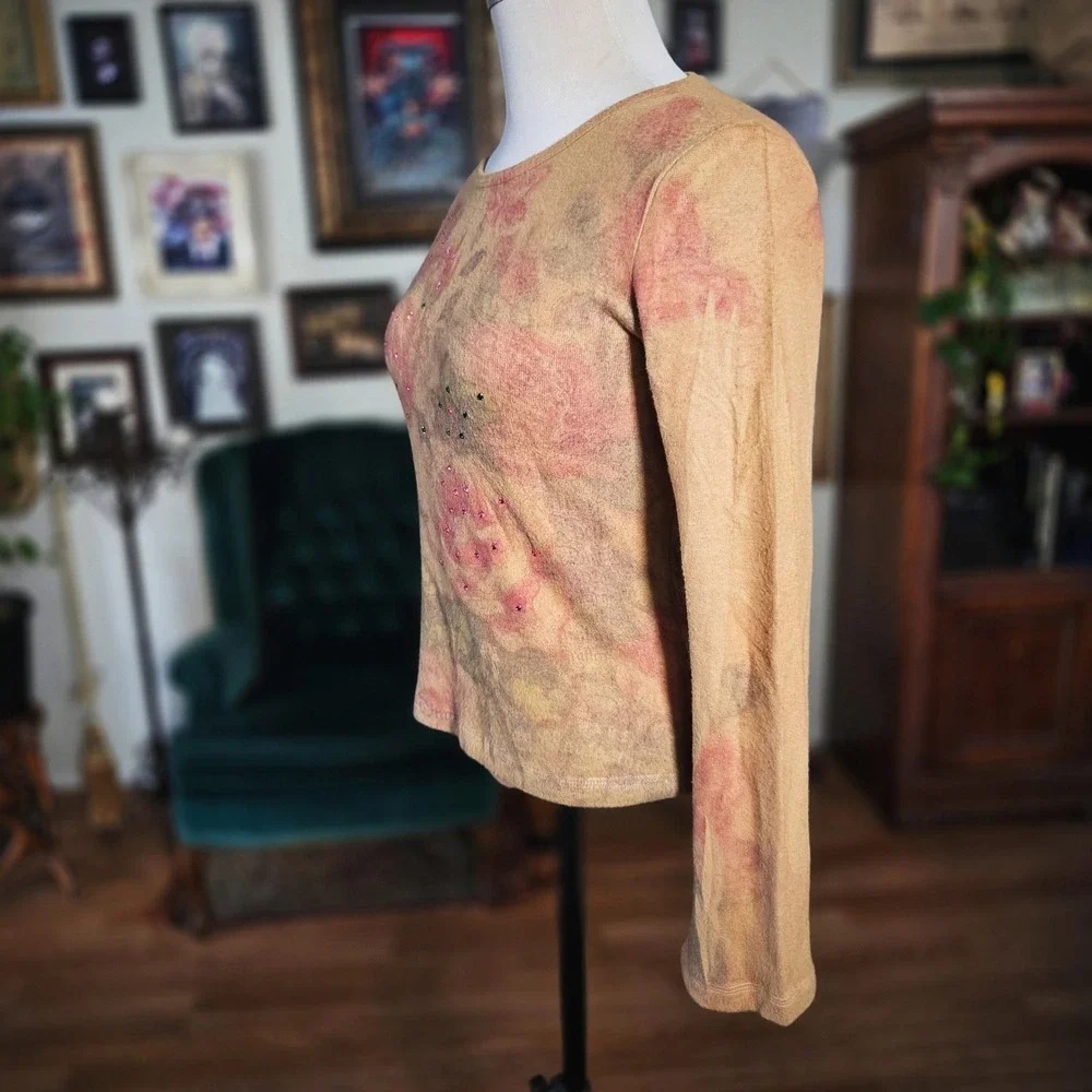 213 Floral Long Sleeve Top Tan Pink Rhinestone Vintage Y2K‎ Fairycore Grunge S